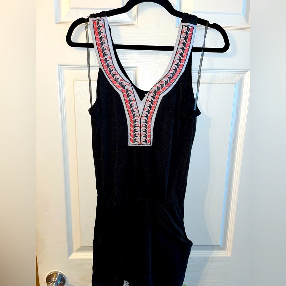 Black, Embroidered, Short Romper
